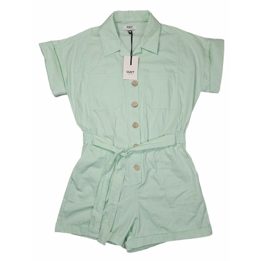 OAT New York Romper Women's Small Light Green Cotton NWT Button Down Tie Belt‎